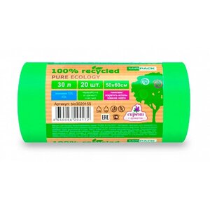 Мешки для мусора ПВД "Mirpack PURE ECOLOGY Био", 30 мкм, 30 л, 20 шт/рулон