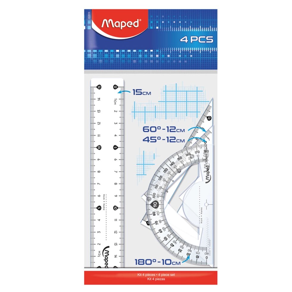 Набор чертежный "Maped": линейка 15 см, треугольник 45 и 60 гр, транспортир 180 гр, прозрачный от компании «Офистон маркет» - фото 1