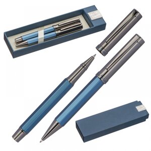 Набор ручек "1390344", ручка шариковая автоматическая и роллер, синий, серебристый