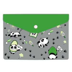 Папка-конверт на кнопке "Панды", А5, зеленый, серый