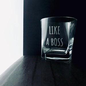 Стакан стеклянный для виски "Like a boss"подставка, с гравировкой, стекло, 310 мл, прозрачный