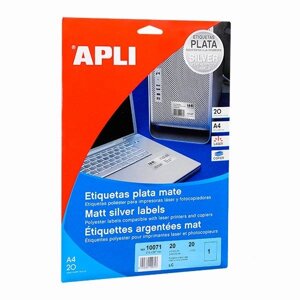 Влагоустойчивые серебрянные этикетки для лазерного принтера "Apli", 63.5x59.6 мм, 20 листов, серебристый