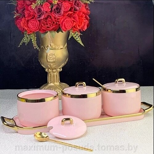 Набор из 3 банок 260 мл с ложками на подставке розового цвета Lenardi  106-183 от компании MAXIMUM-POSUDA - фото 1