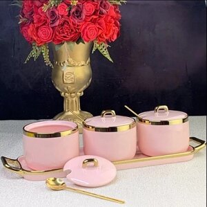 Набор из 3 банок 260 мл с ложками на подставке розового цвета Lenardi 106-183