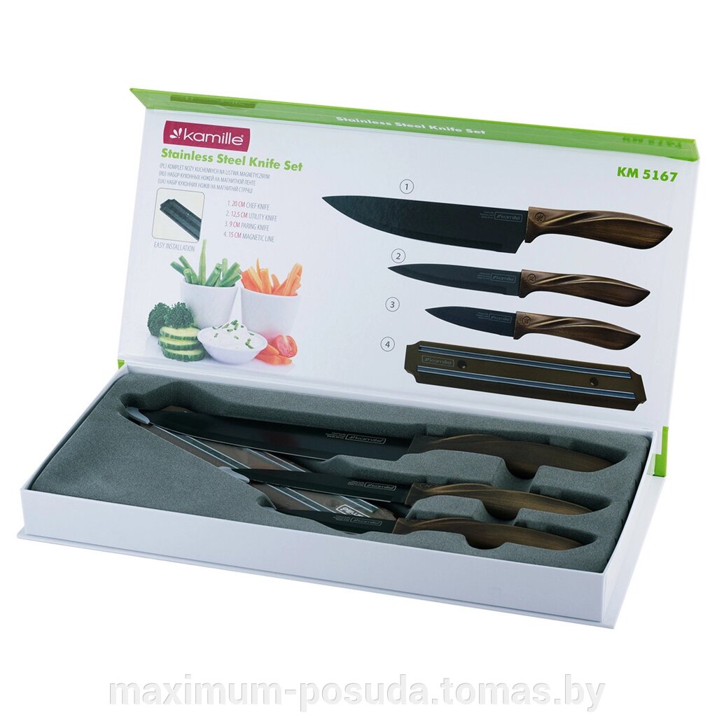 Набор кухонных ножей 4 предмета Kamille КМ 5167 (3 ножа + магнитная планка) от компании MAXIMUM-POSUDA - фото 1