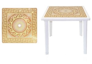Пластиковый квадратный стол с деколем Греческии орнамент (белый/золото)