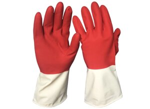 Перчатки хозяйственные латексные СВЕРХПРОЧНЫЕ БИКОЛОР, белый + красный, Komfi (144)