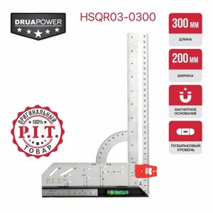 Угольник разметочный магнитный с пузырьковым уровнем P. I. T. DRUA HSQR03-0300 (300мм, транспортир)
