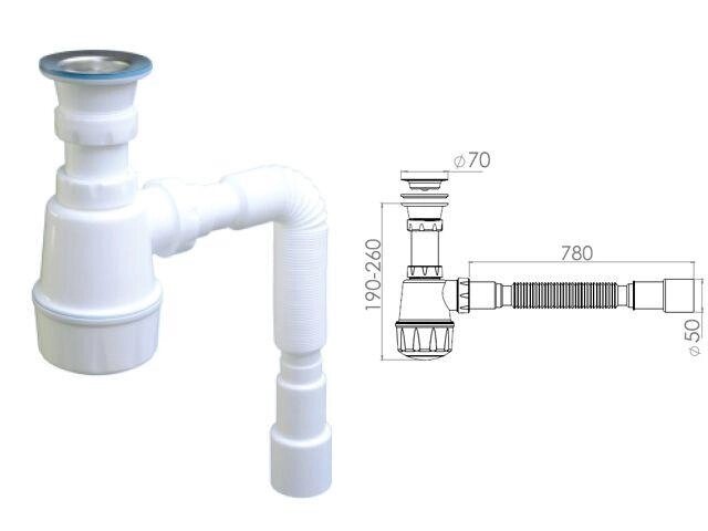 Сифон для кухни с прикручивающимся выпуском 70мм,  с гибкой трубой 1 1/2" - 40/50мм, AV Engineering от компании ЧТУП «АннаДекор» - фото 1