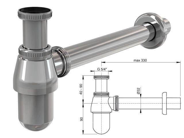 Сифон для умывальника O32, цельнометаллический, с накидной гайкой 5/4, Alcaplast от компании ЧТУП «АннаДекор» - фото 1
