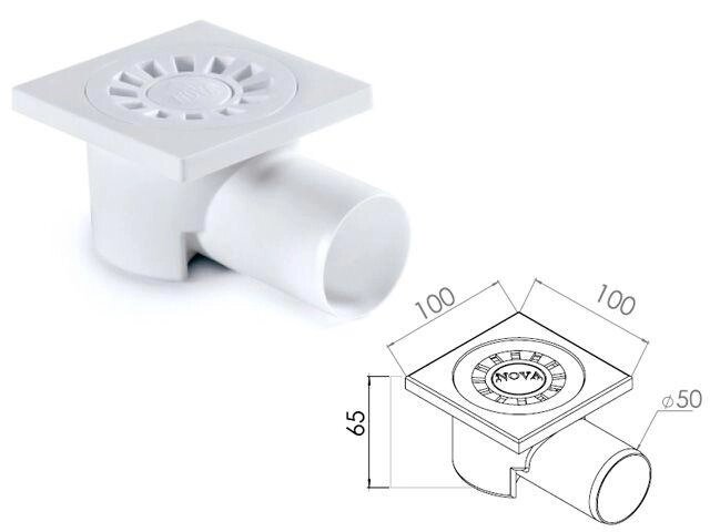 Сливной трап горизонтальный D 50 решетка пласт. 100х100 мм, NOVA от компании ЧТУП «АннаДекор» - фото 1