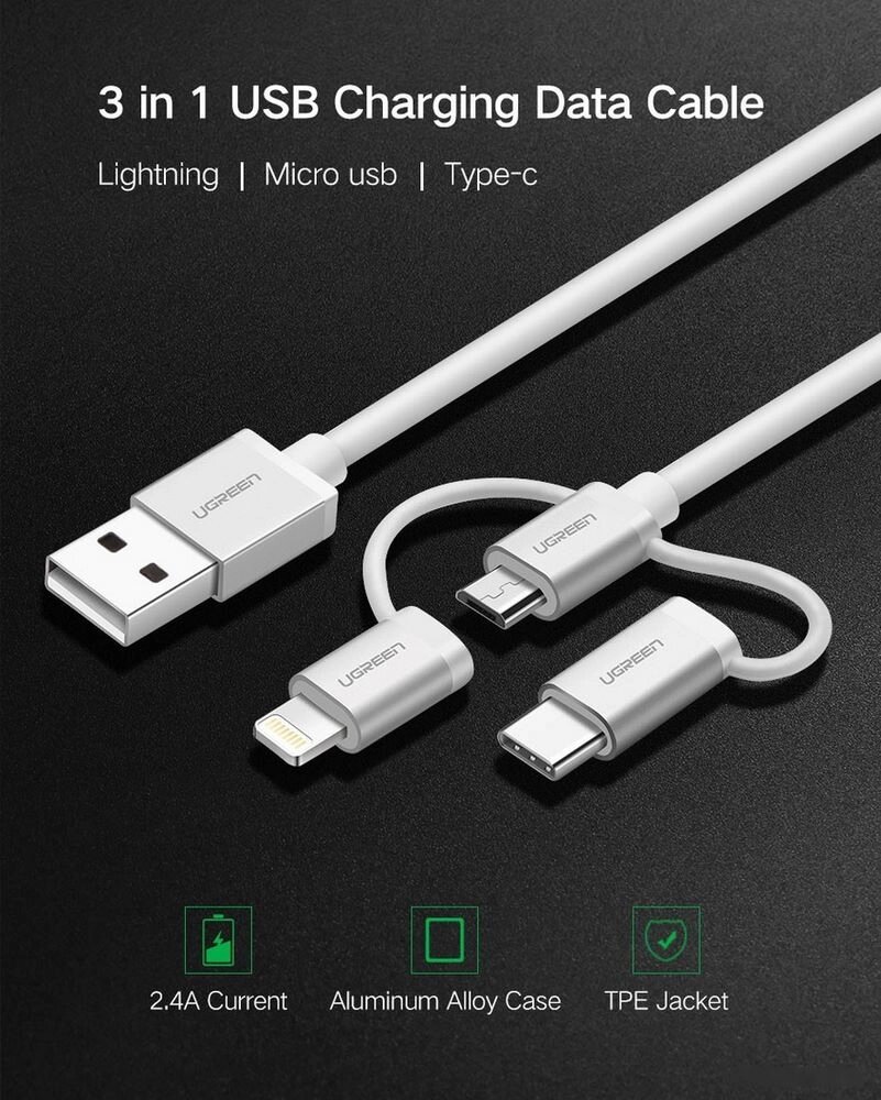 Кабель Ugreen US186-50203 USB Type-A - USB Type-C/Lightning/microUSB (1.5 м, белый) от компании Easybuy-top - фото 1