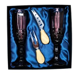Подарочный набор для игристого и сыра, 2 бокала, нож, вилка AmiroTrend ABW-503 blue burgundy