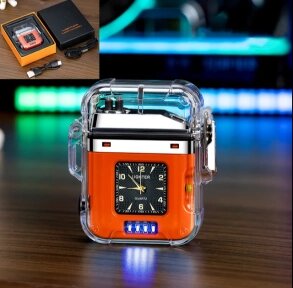 Электронная водонепроницаемая пьезо зажигалка - фонарик с сувенирными часами и USB зарядкой LIGHTER Огонь / Подарочная
