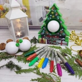 Набор для раскрашивания новогоднего шара Magic Tree (Ёлочка, 3 шара, 8 маркеров). Елка, новогодние шары своими руками