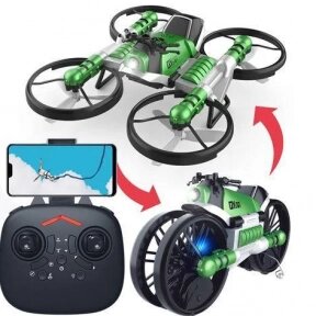 Квадрокоптер-трансформер дрон-мотоцикл на радиоуправлении 2 в 1 Qun Yi Toys, длина 17см, свет, летает/ездит Зеленый