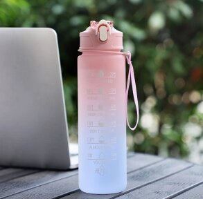 Бутылка для воды 1000 мл. с клапаном и разметкой / Двухцветная бутылка для воды и других напитков Розово-голубая
