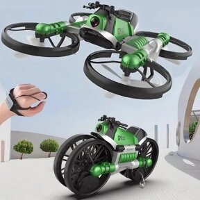 Квадрокоптер-трансформер дрон-мотоцикл на радиоуправлении 2 в 1 Qun Yi Toys, длина 17см, свет, летает/ездит Зеленый