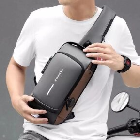 Сумка - рюкзак через плечо Fashion с кодовым замком и USB / Сумка слинг / Кросc-боди барсетка Серый с коричневым