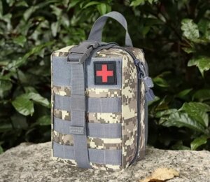 Тактическая сумка - аптечка укомплектованная 32 предмета / дорожный подсумок - аптечка для выживания / серая хаки