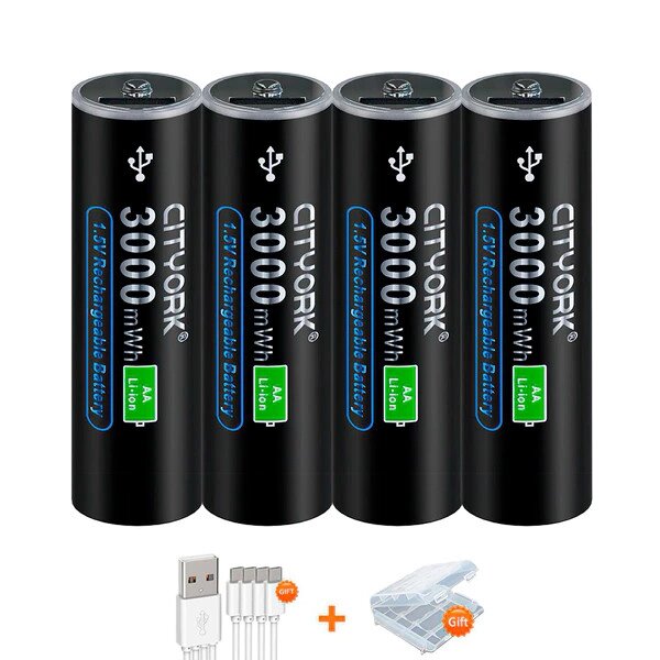 Пальчиковые аккумуляторные батарейки в кейсе (4 шт.) AA 3000 mWh 1.5V Li-ion с micro USB портом Cityork от компании Sale Market - Магазин крутых цен! - фото 1