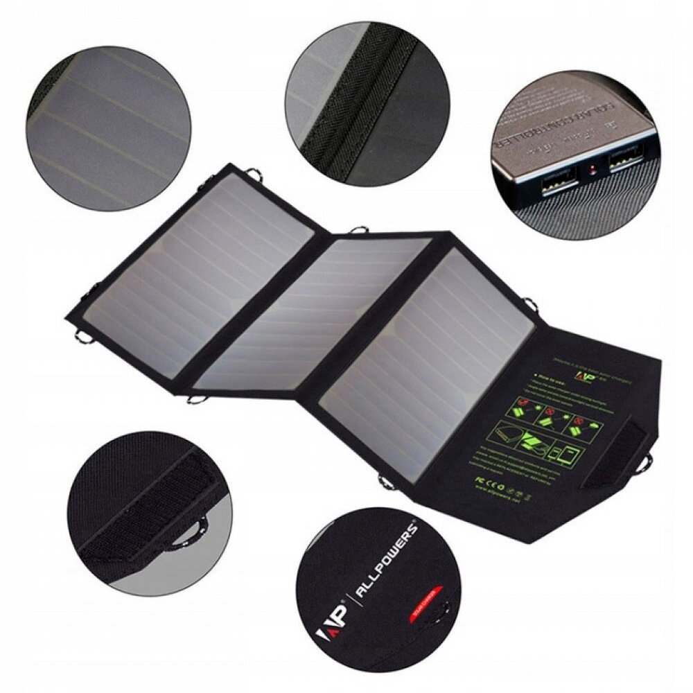 Складная солнечная панель 21 Вт с зарядкой Power Bank от солнца для смартфона ALLPOWERS от компании Sale Market - Магазин крутых цен! - фото 1