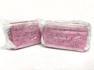 Детские маски одноразовые розовые, принт (50 шт/упак)