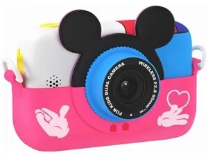 Детский фотоаппарат Микки Маус с селфи камерой, с ударопрочным чехлом. Розовый