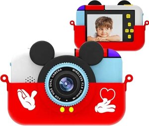 Детский фотоаппарат Микки Маус с селфи камерой, с ударопрочным чехлом. Красный