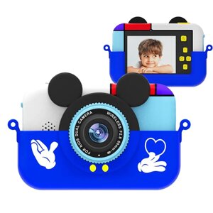 Детский фотоаппарат Микки Маус с селфи камерой, с ударопрочным чехлом. Синий