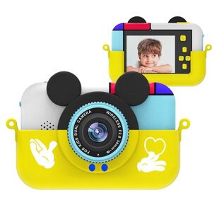 Детский фотоаппарат Микки Маус с селфи камерой, с ударопрочным чехлом. Желтый