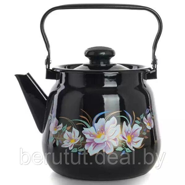 Чайник эмалированный чёрный с рисунком цветы 3.5 л от компании MyMarket - фото 1