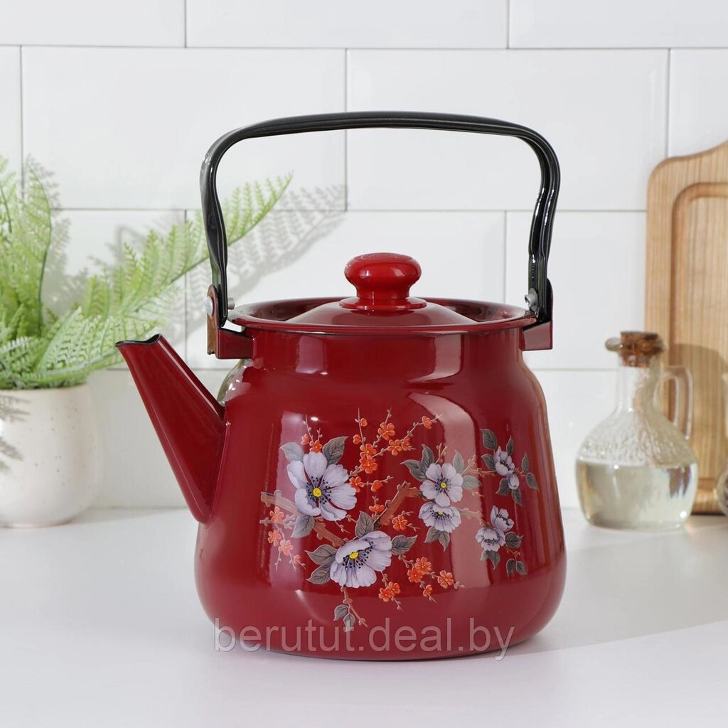 Чайник эмалированный вишнёвый с рисунком цветы 3.5 л от компании MyMarket - фото 1