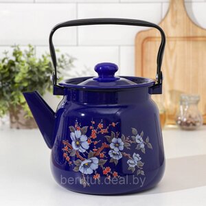 Чайник эмалированный ярко-синий с рисунком цветы 3.5 л