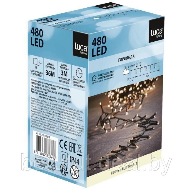 Гирлянда уличная светодиодная нить 36 м, 480 ламп теплый белый Luca Lighting с таймером от компании MyMarket - фото 1
