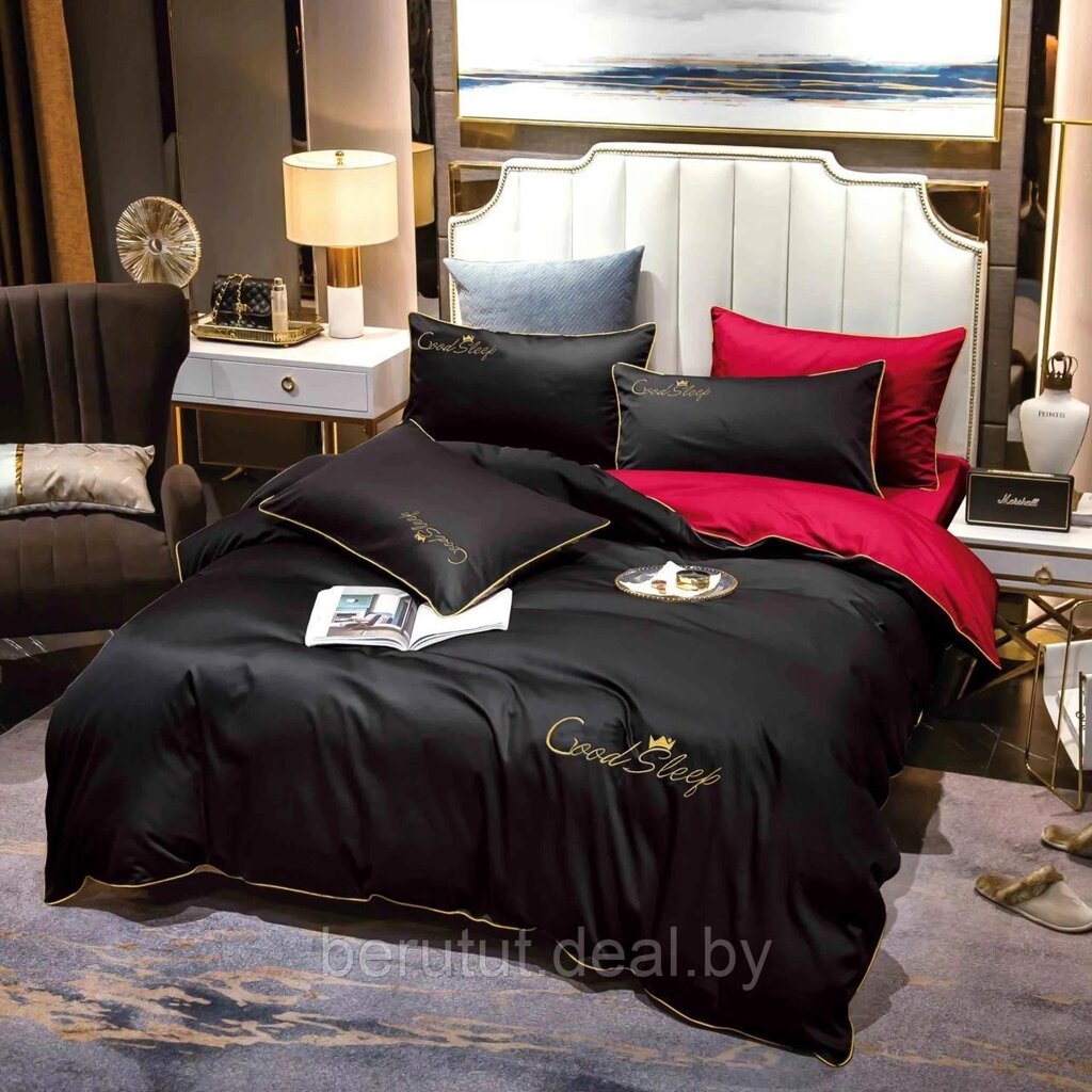 Комплект постельного белья 2-x спальный MENCY ЖАТКА Черный красный / простыня на резинке от компании MyMarket - фото 1