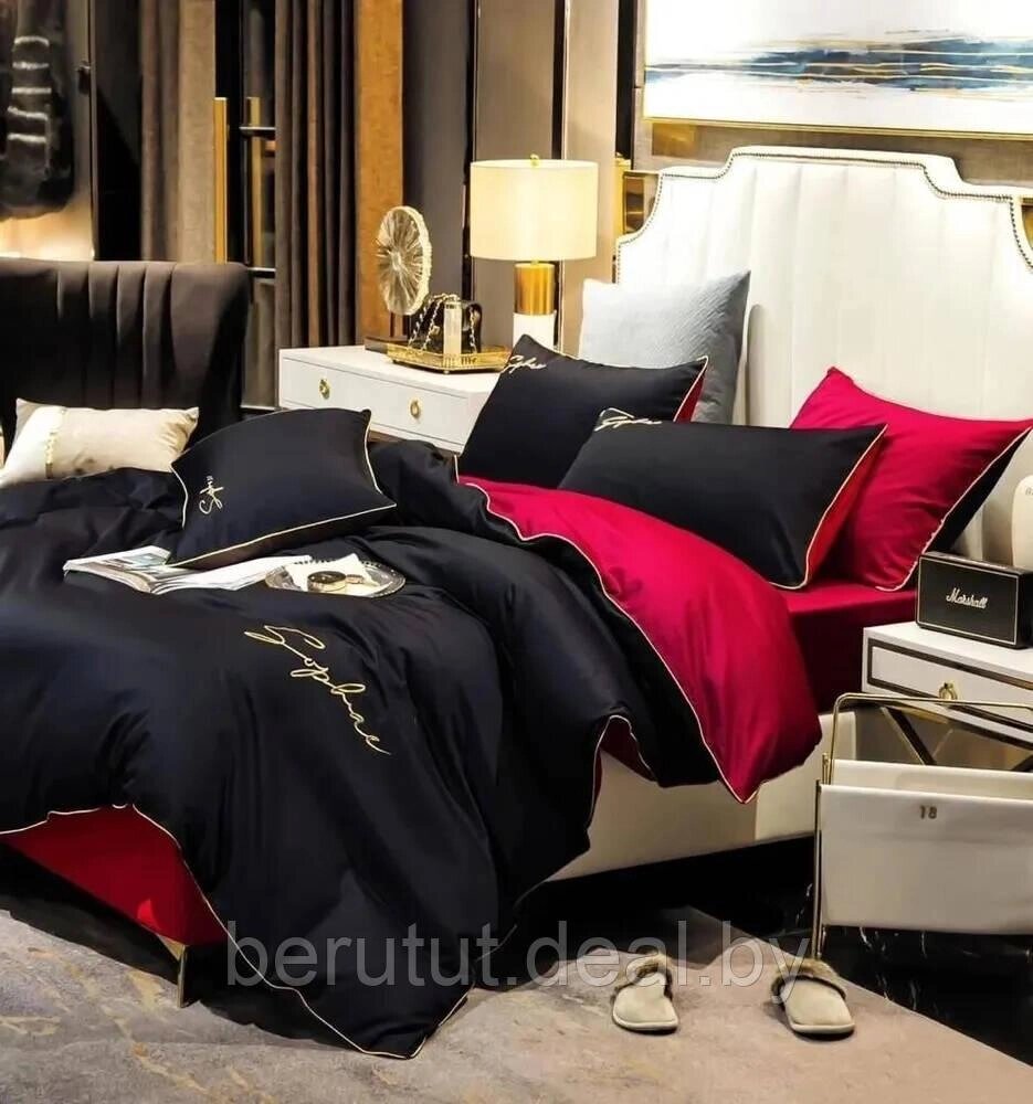 Комплект постельного белья Евро MENCY ЖАТКА Черный/красный от компании MyMarket - фото 1