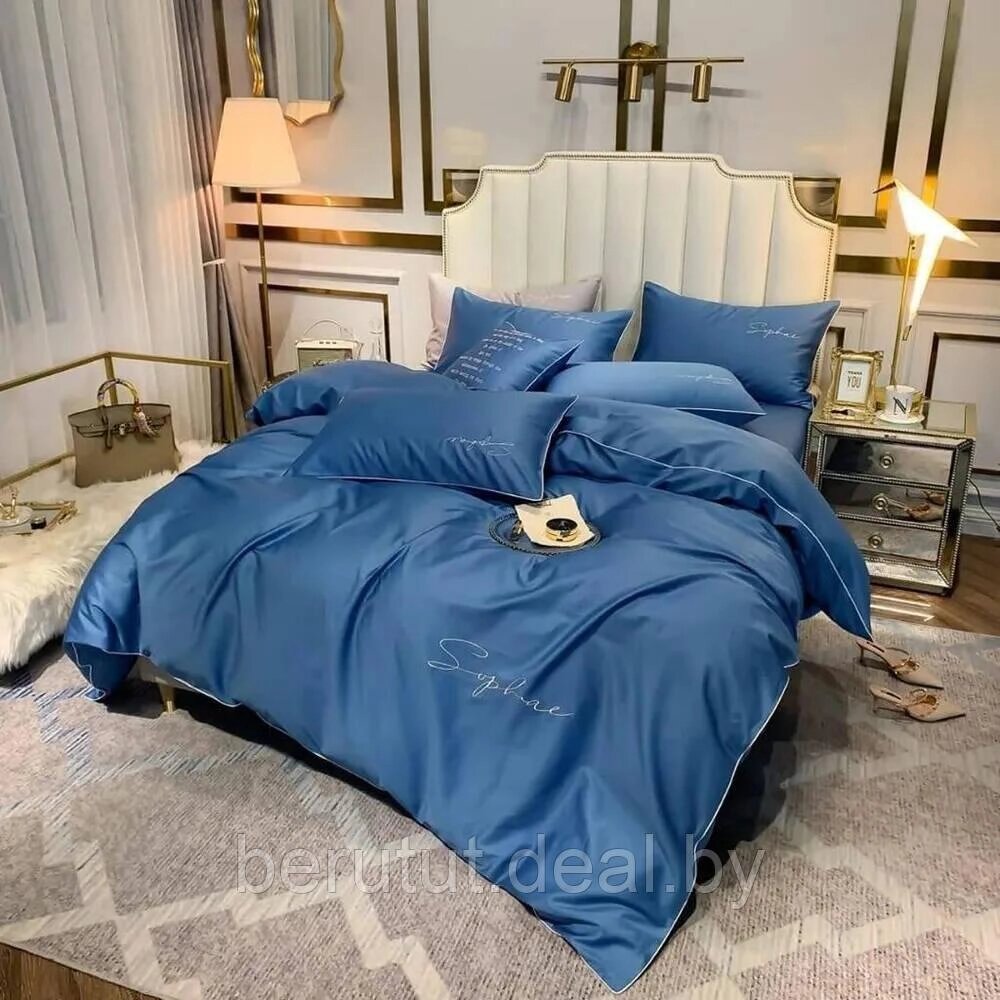 Комплект постельного белья Евро MENCY ЖАТКА Синий / простыня на резинке от компании MyMarket - фото 1