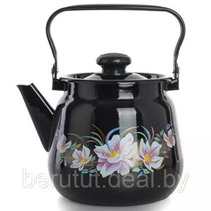 Чайник эмалированный чёрный с рисунком цветы 3.5 л