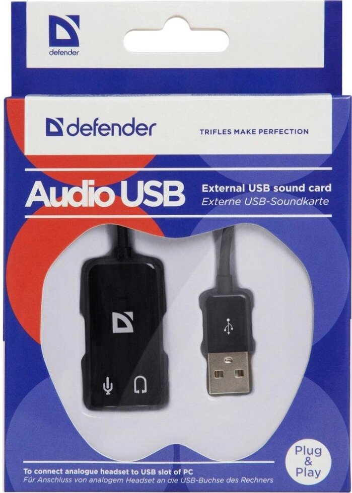 Аудио-переходник USB на 2х3.5 miniJack внешняя звуковая карта DEFENDER Audio USB 63002 от компании Магазин Дэмакс - фото 1