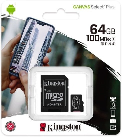 Карта памяти MicroSDXC 64GB Class 10 UHS-I (U1) 100MB/s (с адаптером) Kingston Canvas Select Plus от компании Магазин Дэмакс - фото 1