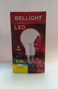 Лампа светодиодная A60 8W E27 3000к (640lm) bellight