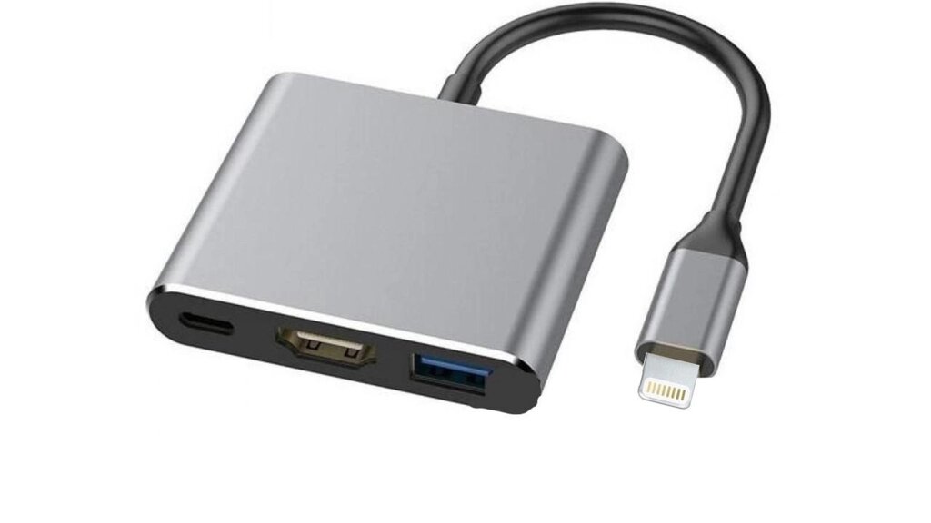 Переходник конвертер Lightning -> USB2.0+HDMI+Lightning металлик от компании Магазин Дэмакс - фото 1