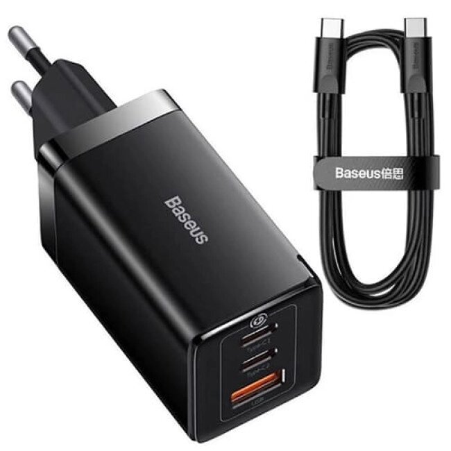 Сетевое зарядное устройство Baseus GaN5 Pro USB + 2 Type-C QC+PD65W + кабель Type-C to Type-C Черное - сравнение