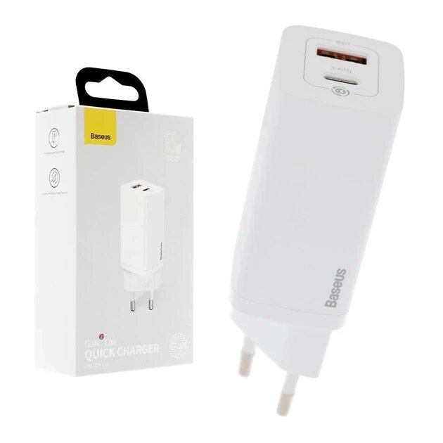 Сетевое зарядное устройство Baseus GaN2 Lite Quick Charger Type-C + USB 65W, CCGAN2L-B02 Белое от компании Магазин Дэмакс - фото 1