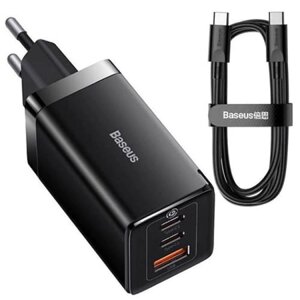 Сетевое зарядное устройство Baseus GaN5 Pro USB +2 Type-C QC + PD65W + кабель Type-C to Type-C Черно
