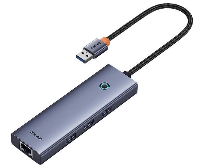 Сетевой адаптер + Хаб USB Baseus BS-OH109 UltraJoy Series 4 (LAN 1000 Мбит/с + 3хUSB 3.0) Серый от компании Магазин Дэмакс - фото 1