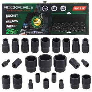 Головки ударные RockForce RF-50121K, набор 25пр. 1/4, 1/2(6гр.)