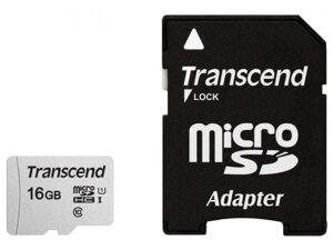 Карта памяти 16Gb - Transcend 300S MicroSDHC Class 10 UHS-I TS16GUSD300S-A с переходником под SD (Оригинальная!