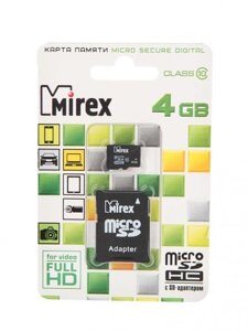 Карта памяти 4Gb - Mirex - Micro Secure Digital HC Class 10 13613-AD10SD04 с переходником под SD (Оригинальная!